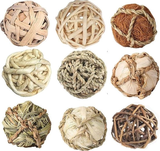 Giocattoli per conigli e piccoli animali - 9 pezzi Set di palline e rotoli naturali di graminacee