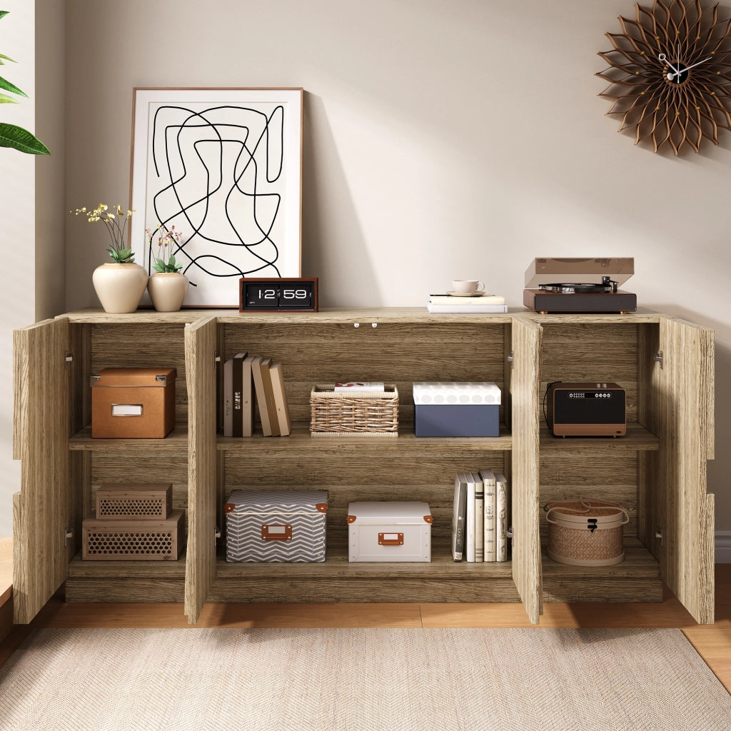Credenza con 4 Ante; 6 Vani e Ripiani Regolabili; Frontali ad Arco; Stile Scandinavo; in Pannello; Naturale; 160??40??80 cm