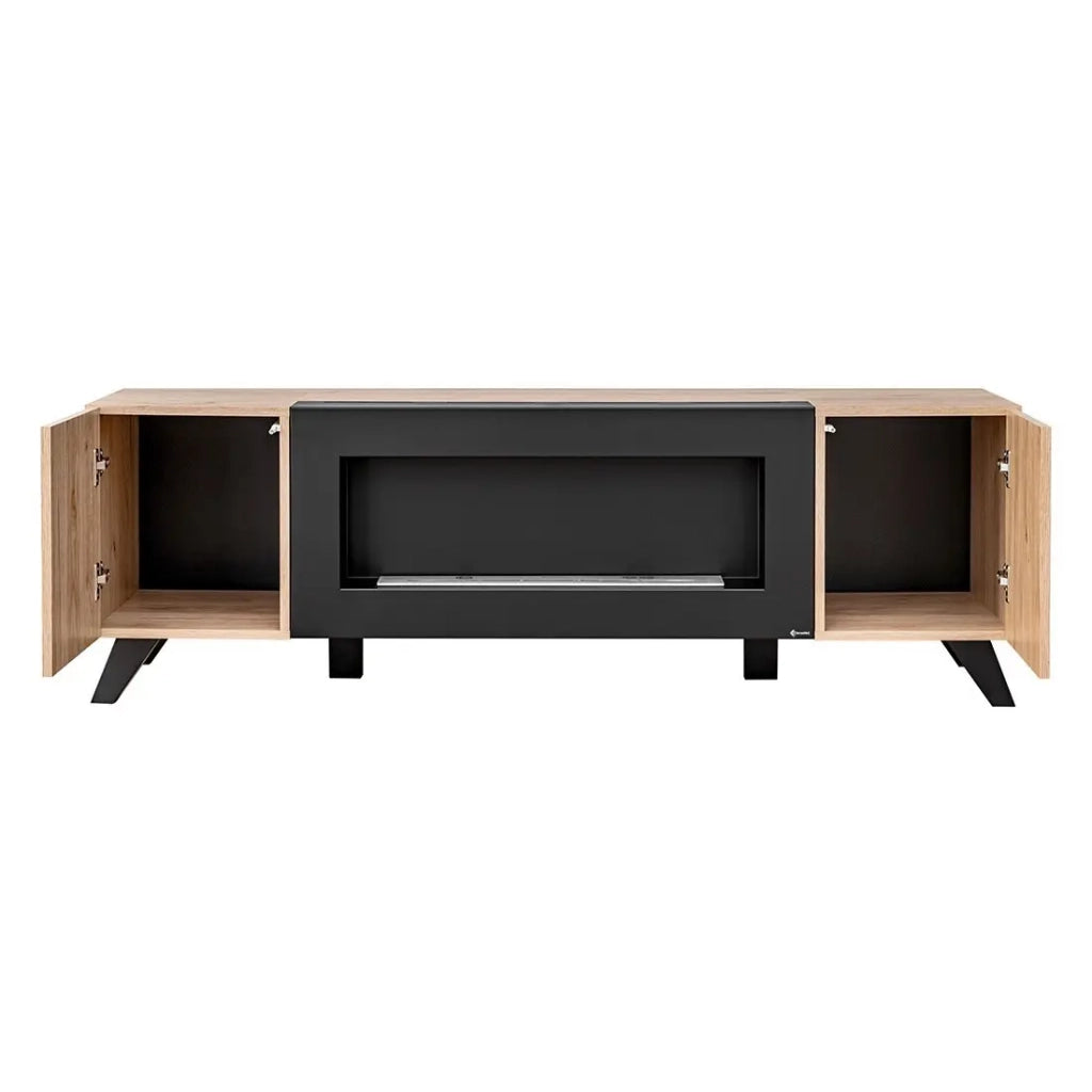Mobile TV design con camino decorativo color rovere e nero collezione NIELSEN.
