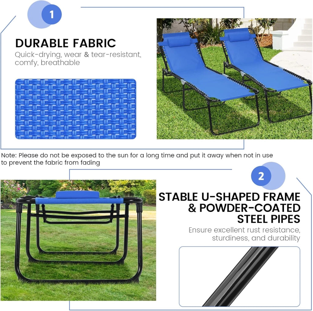 Sedia a Sdraio Pieghevole da Giardino, da Campeggio, Schienale Regolabile, con Poggiatesta, Portata Fino a 120 kg, 3 Colori (Blu)