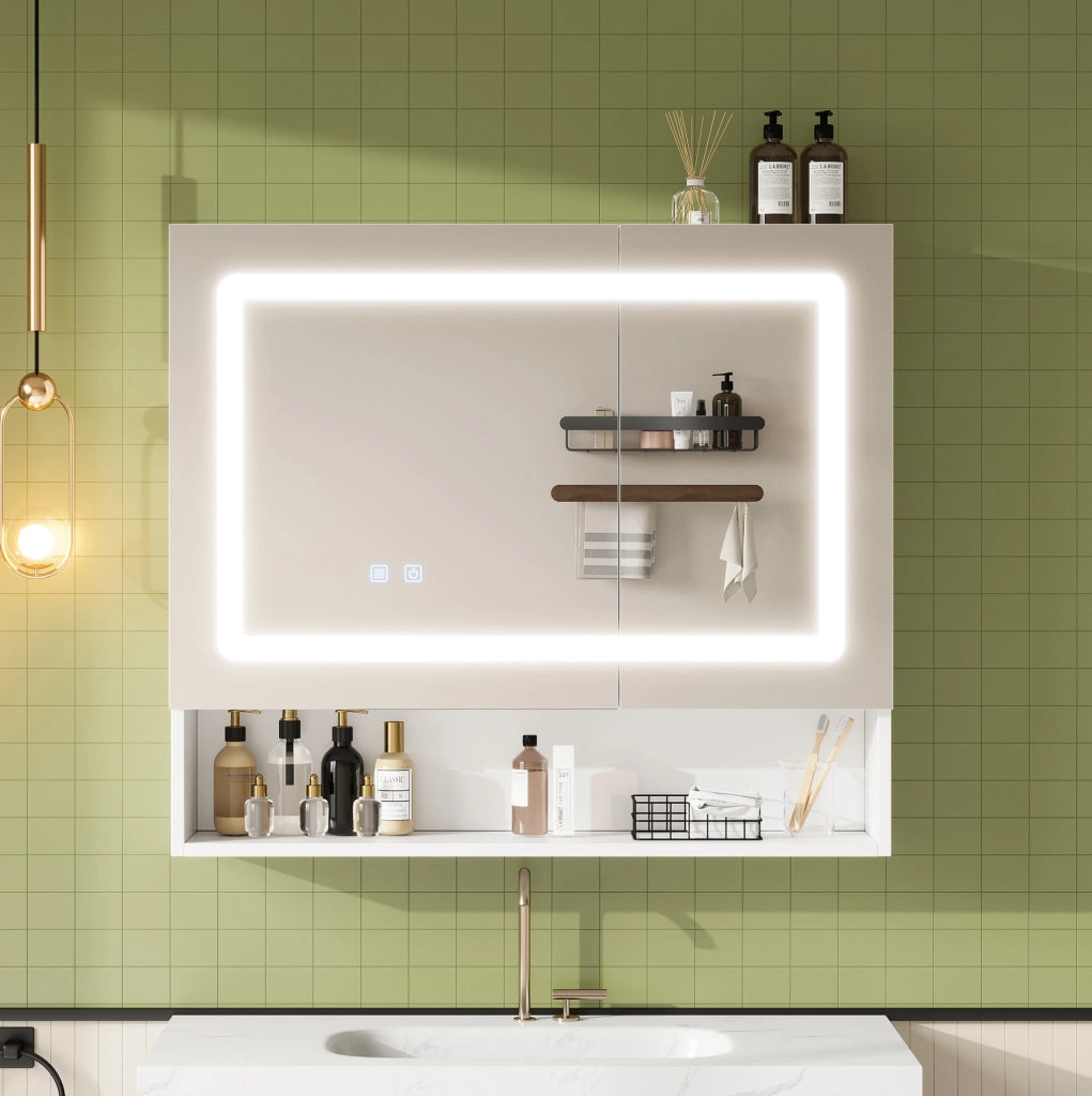 Specchio contenitore bagno 80x17x70 cm, 2 ante, LED dimmerabile e antiappannamento, MDF bianco