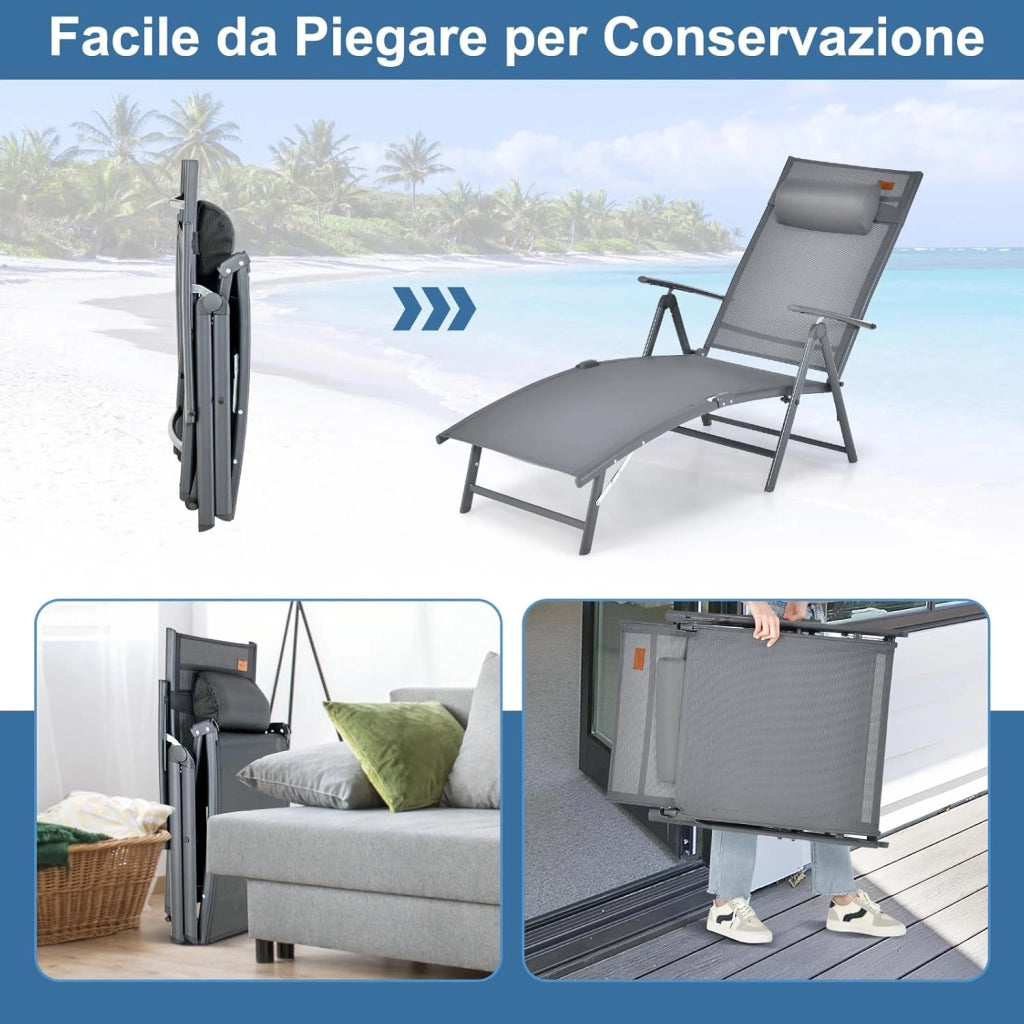 Lettino Prendisole Pieghevole, Schienale Regolabile in 7 Posizioni, Sdraio da Giardino in Textilene con Braccioli, Poggiatesta, Capacità di 150 kg, 142 x 61 x 103 cm (Grigio)