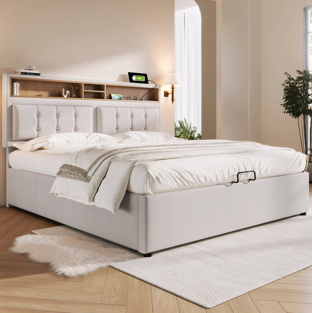 Letto matrimoniale imbottito 140x200 beige con contenitore, prese integrate e testiera regolabile