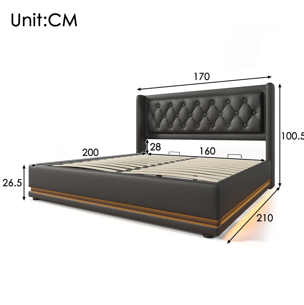 Letto matrimoniale 160x200 cm in PU nero con contenitore; testiera imbottita; LED e USB-C
