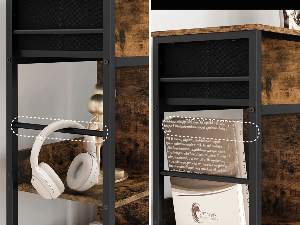 Libreria rustica marrone con 6 ripiani, 2 cassetti, struttura in metallo, autoportante, studio, soggiorno, camera da letto