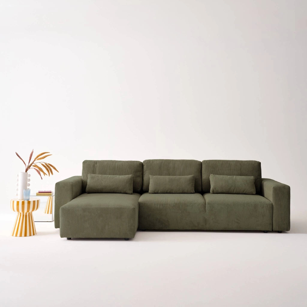 Divano letto angolare reversibile con contenitore in velluto a coste,