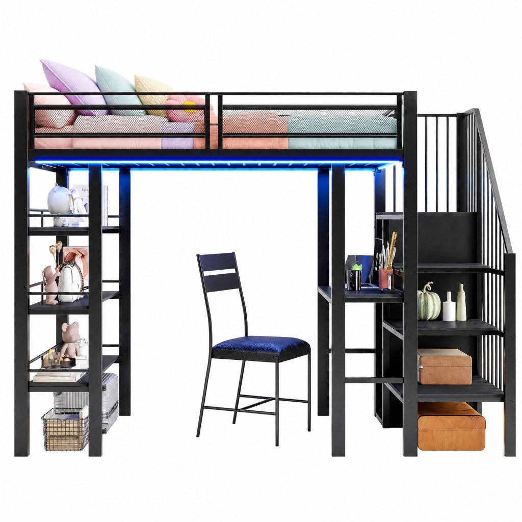 Letto a soppalco 90x200 cm in metallo nero con LED; scrivania; ripiani e armadio integrato