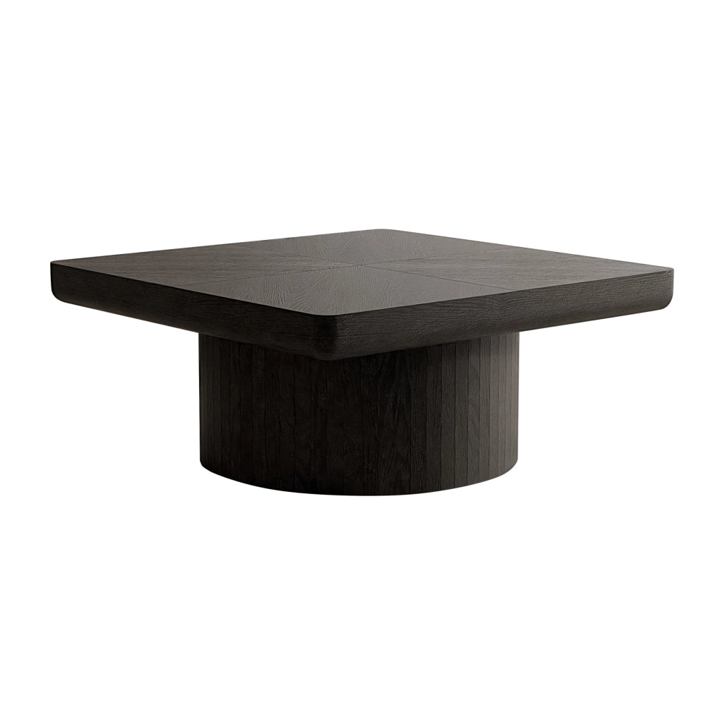 Tavolino da caffè 86.12x85.54x18.04 cm con piano spesso e base cilindrica in legno e MDF nero