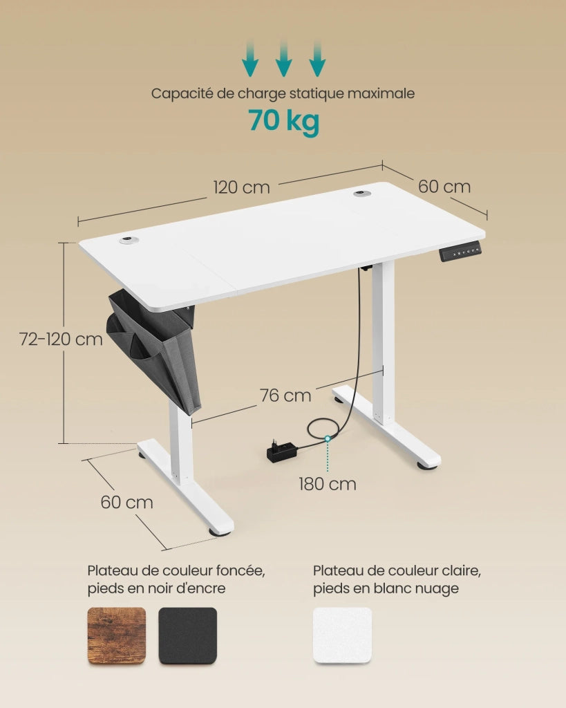 Scrivania elettrica regolabile in altezza 60 x 120 x (72-120) cm 4 posizioni di memoria dell'altezza tasca portaoggetti bianca 12_0004572
