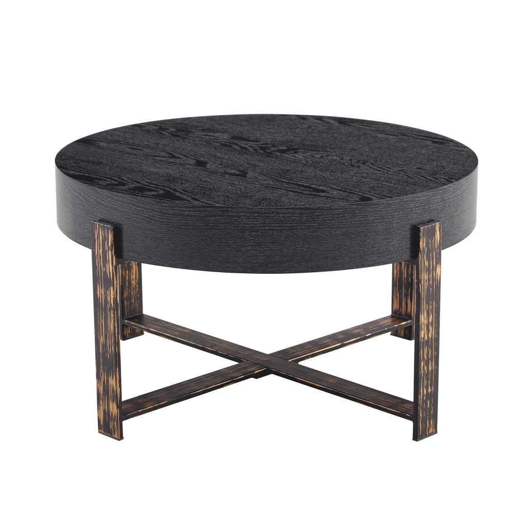 Tavolino rotondo con piano da 68 cm; struttura incrociata in metallo; piedini effetto legno; per soggiorno; 68 × 39 cm