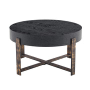Tavolino rotondo con piano da 68 cm; struttura incrociata in metallo; piedini effetto legno; per soggiorno; 68 × 39 cm