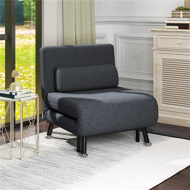 POLTRONA LETTO 3 IN 1 CON SCHIENALE REGOLABILE E CUSCINO IN TESSUTO EFFETTO LINO E ACCIAIO GRIGIO SCURO