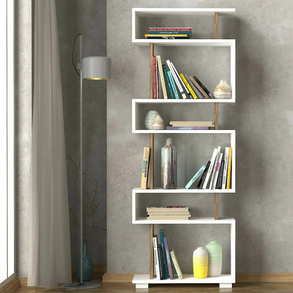 Libreria Doralice, Scaffale da ufficio, Mobile portalibri, Biblioteca, 60x20h165 cm, Bianco e Noce