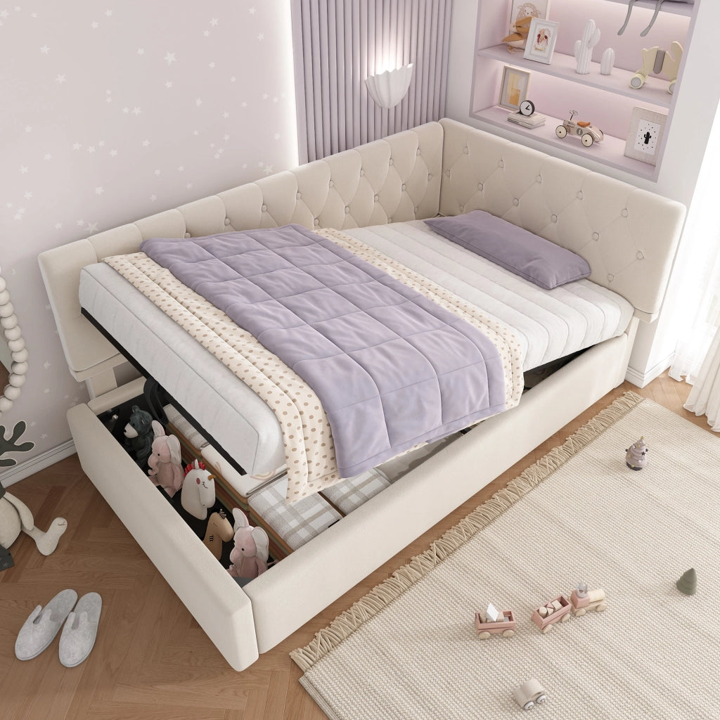 Letto a Divanetto 90 x 200 cm; Letto Singolo - Contenitore - in Velluto - Beige