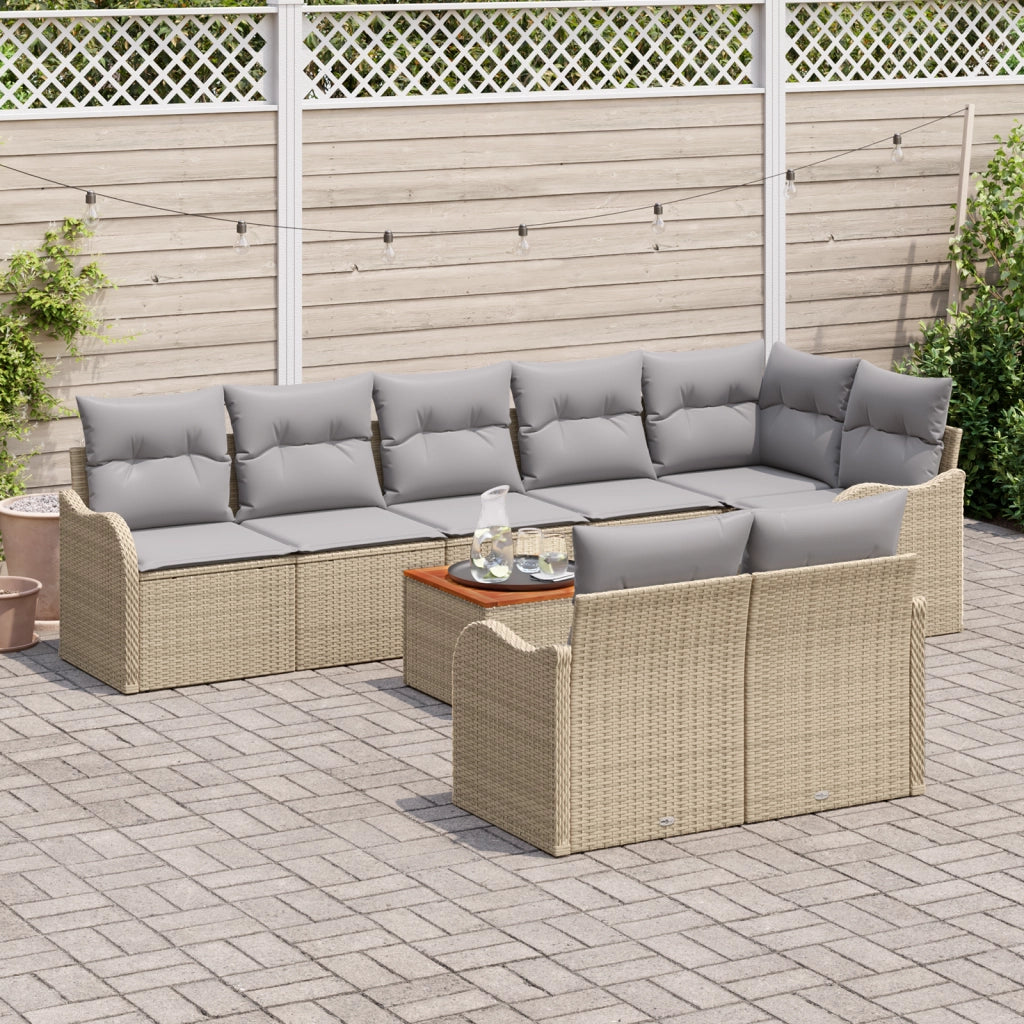 Set Divano da Giardino 9 Pezzi con Cuscini Beige Polyrattan Acacia