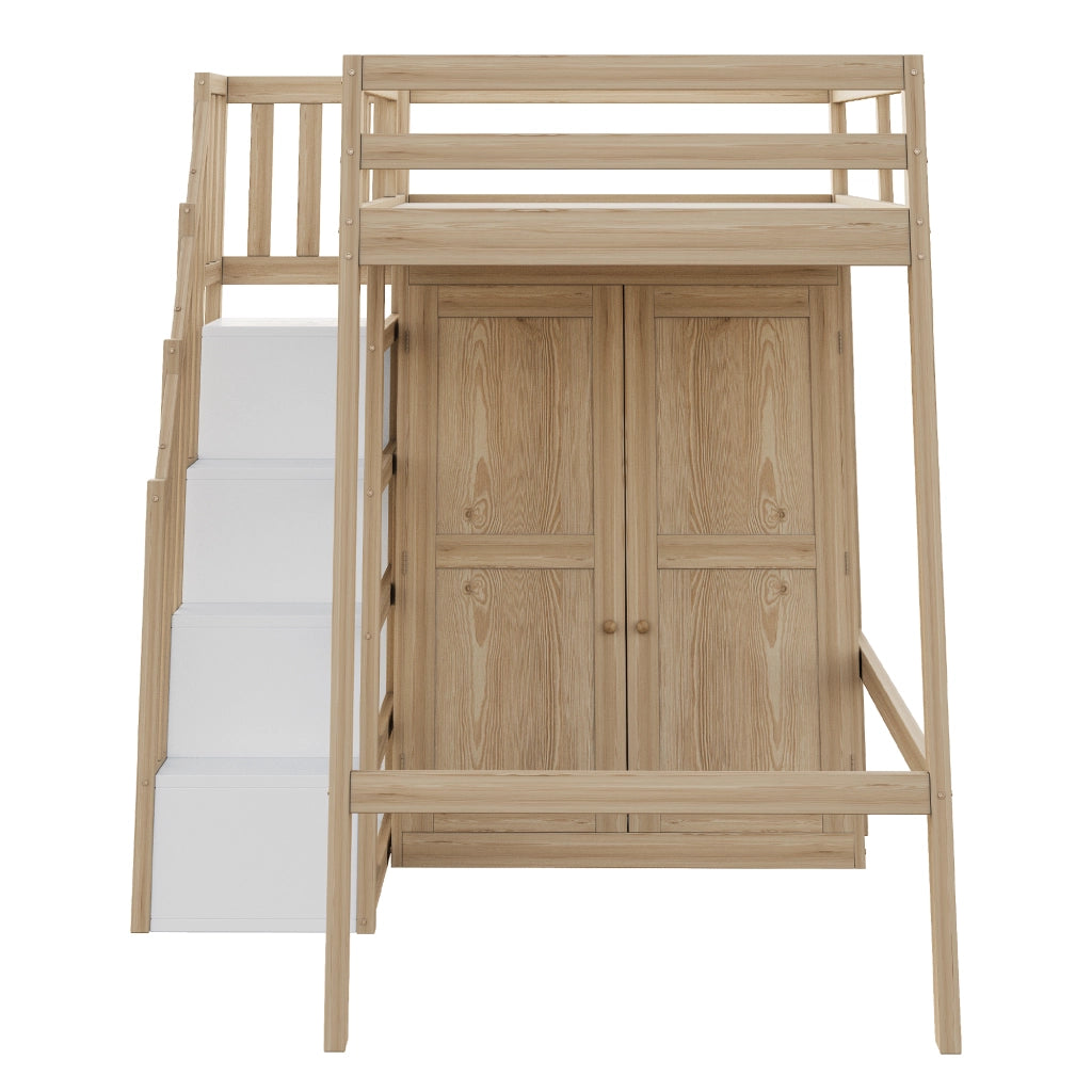 OKWISH Letto a Soppalco 90×200 cm, Letto Singolo con Scala Contenitore, Armadio e Barra Appendiabiti, senza Materasso, Legno Naturale