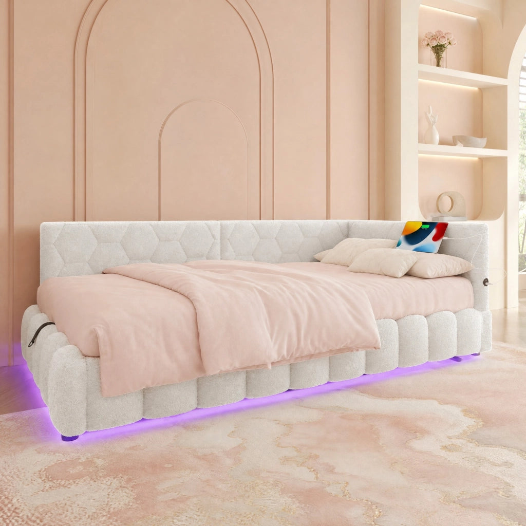 LETTO 90x200 cm con rete, LED, sollevamento idraulico, USB e Type-C, Bianco