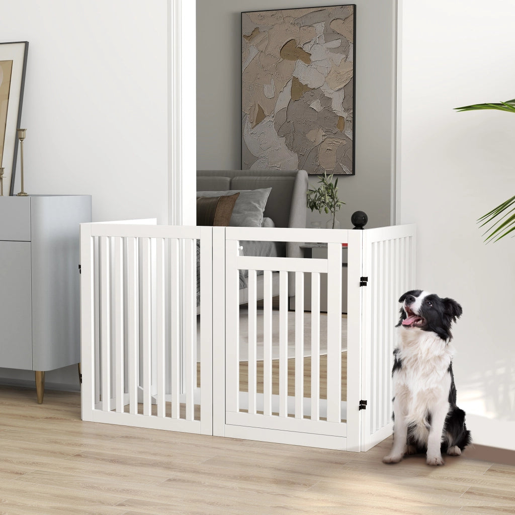 Barriera estensibile a forbice pieghevole a 4 pannelli con porta e piedini di supporto per cani in MDF bianco