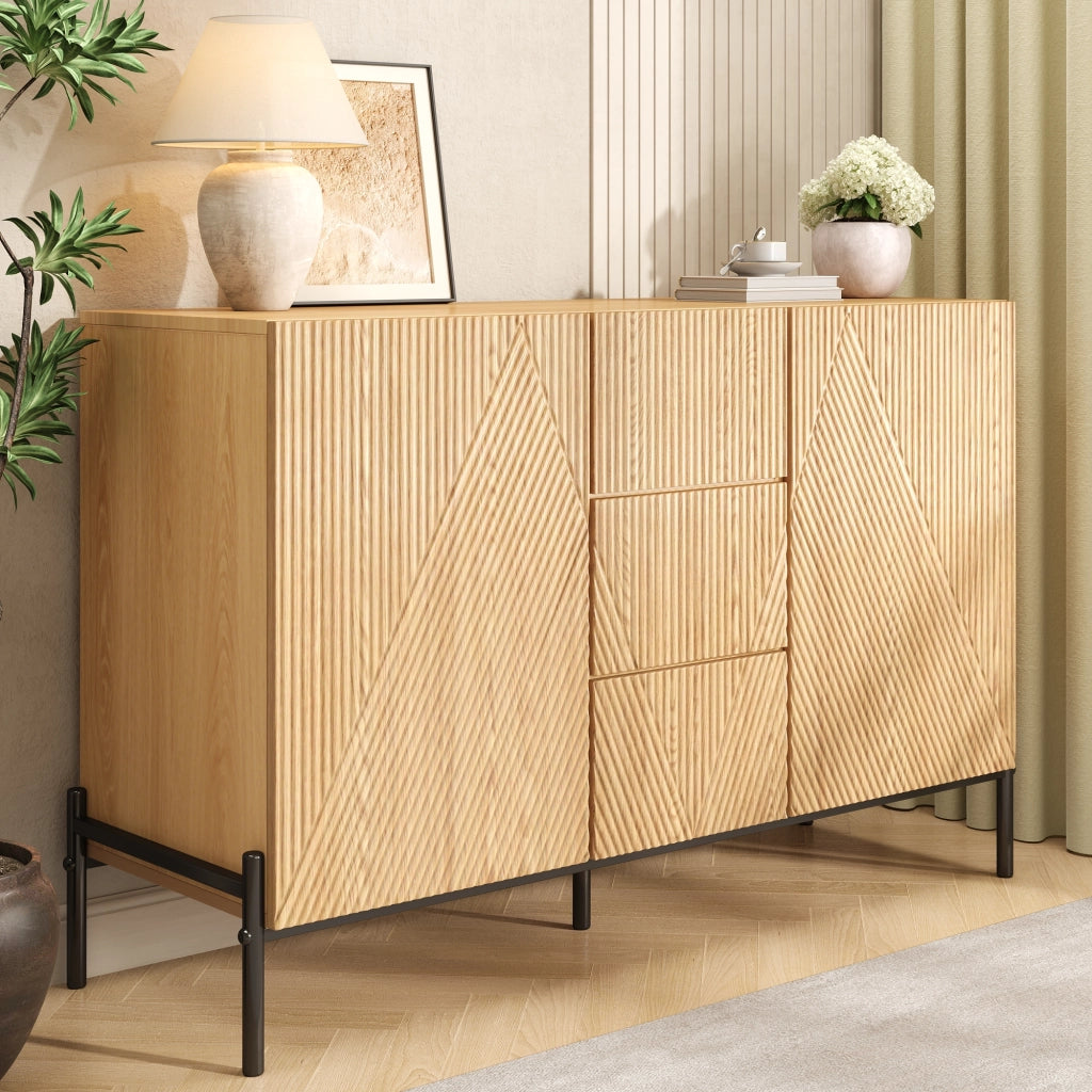 Credenza con 2 ante e cassetto centrale in MDF effetto legno naturale con gambe in ferro 115,5 × 40 × 76 cm