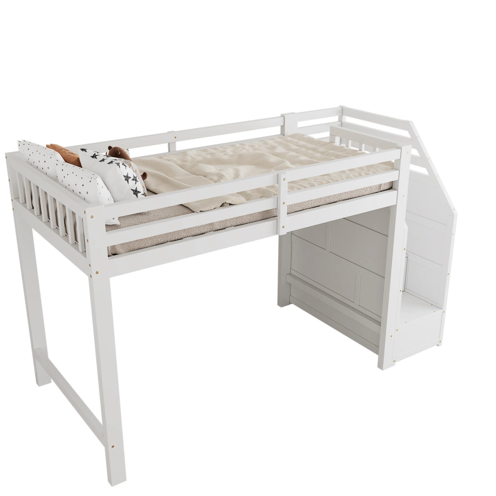 Letto a soppalco singolo 90×200 cm con sponde e scale contenitore; senza materasso; pino; bianco