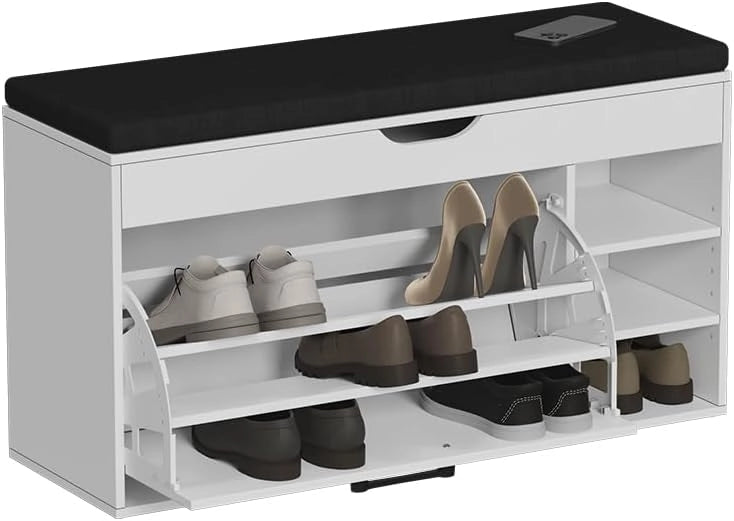 Vicco Panca scarpiera da ingresso Solino, Bianco/nero, 90 x 50 cm con sedile
