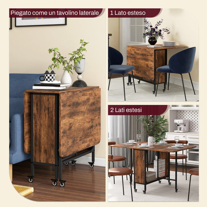 Tavolo Pieghevole 6 Ruote e Mensola 130x80x74 cm in Legno e Metallo Marrone Rustico