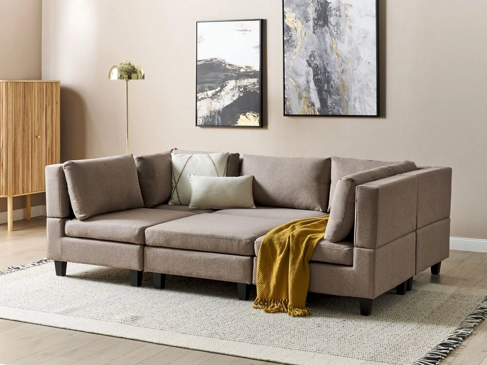Divano modulare a 5 posti con ottomana imbottito in tessuto poliestere con schienale a forma di U Marrone stile moderno