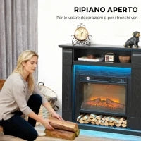 Camino Elettrico 1800W Regolabile con Fiamma 3D, Ripiano, Timer e Telecomando, 105x27x97 cm, Nero