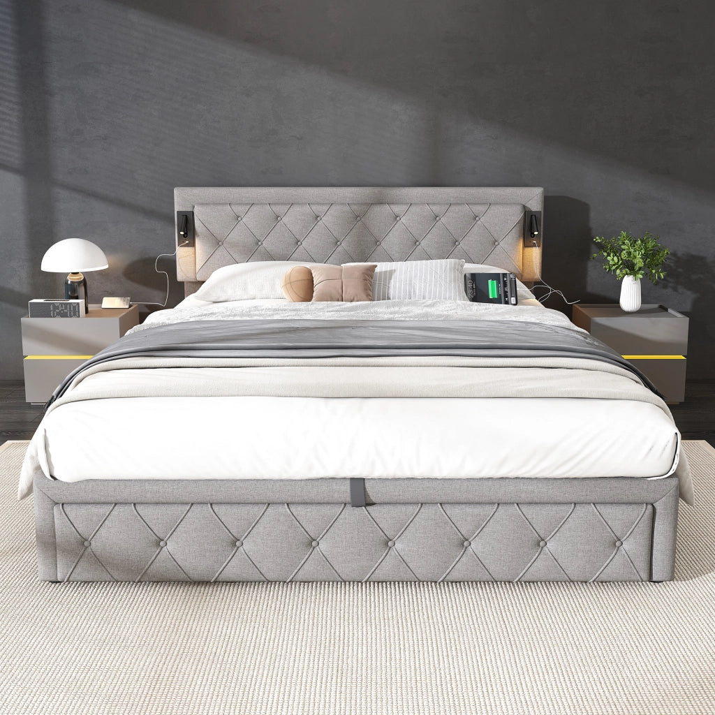 Letti contenitori 180x200 cm; LED e porte USB; lino grigio