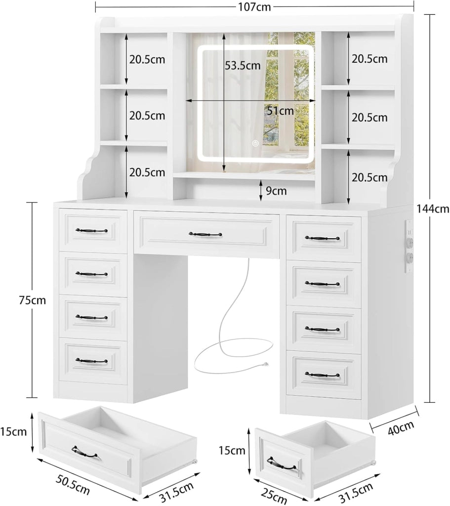 Toeletta da Trucco con Specchio, Toeletta con Luce LED, 3 Colori, Luminosità Regolabile, Postazione Trucco con 9 Cassetti e 6 Ripiani Aperti, Stile europeo elegante, Bianco