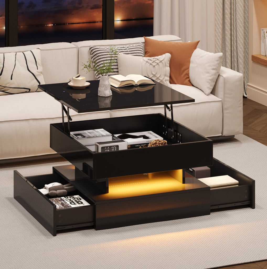Tavolino da salotto quadrato sollevabile 65 x 65 x 38;5 cm in truciolare nero con LED e 2 cassetti