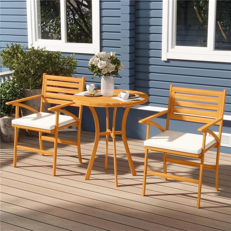 SET DA GIARDINO 3 PEZZI IN LEGNO DI PINO CON TAVOLO ROTONDO Ø68X78 CM E 2 SEDIE 55X52X87.5 CM CON CUSCINI