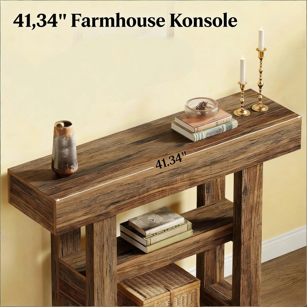 Consolle con 2 ripiani per ingresso e soggiorno, stile rustico, in MDF, marrone, per piccoli spazi, 116 × 35 × 19,5 cm