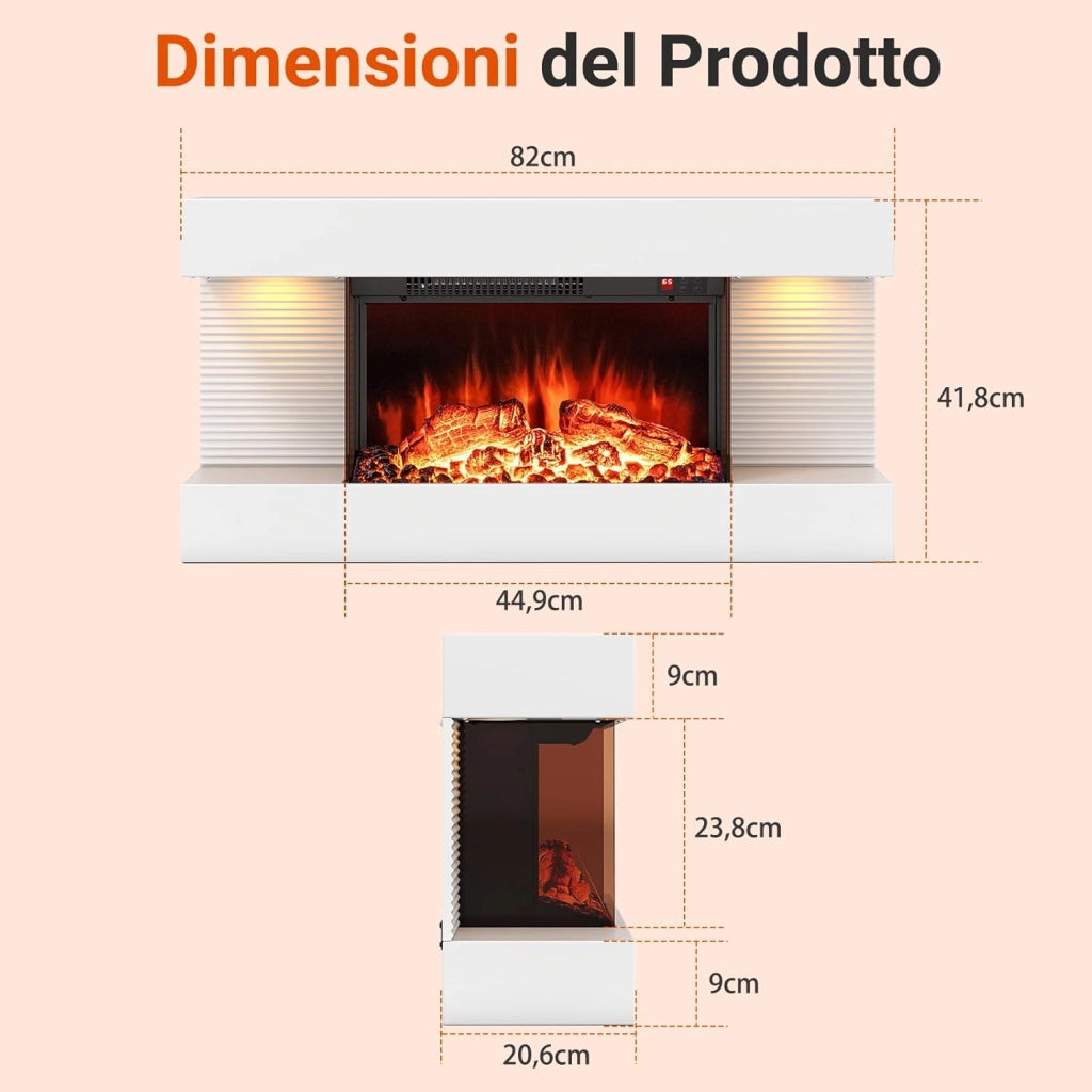 Camino Elettrico, 750W/1500W Caminetto con Luci LED, Telecomando, 12 Colori di Fiamma, Timer 8H Mensola Galleggiante e Protezione Surriscaldamento