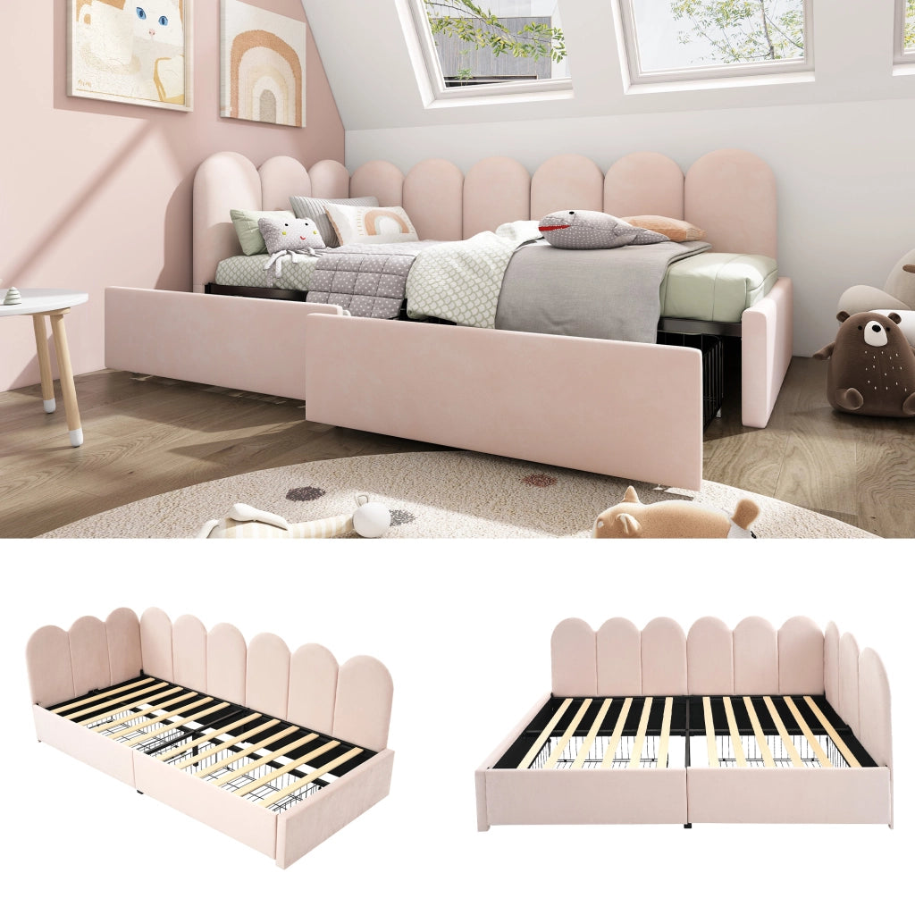 OKWISH Letto Divano 90×190 cm, Letto Singolo con 2 Cassetti, Struttura Reversibile, senza Materasso, in Velluto, Rosa