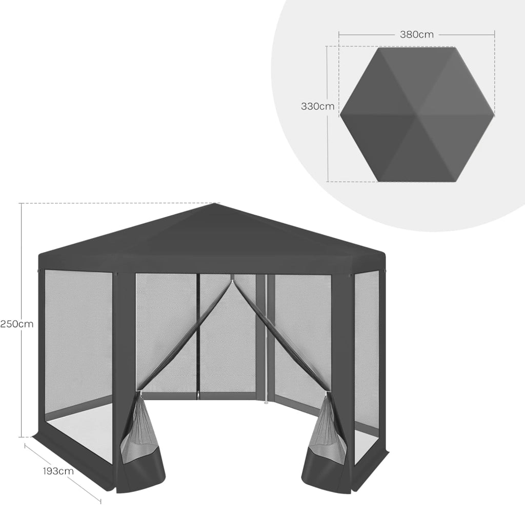 Gazebo da Esterni, Pergolato da Giardino, Gazebo Pieghevole e Impermeabile, con Pareti Laterali a Zanzariera, Esagonale, per Campeggio, Feste, 3,8x3,3m, Grigio