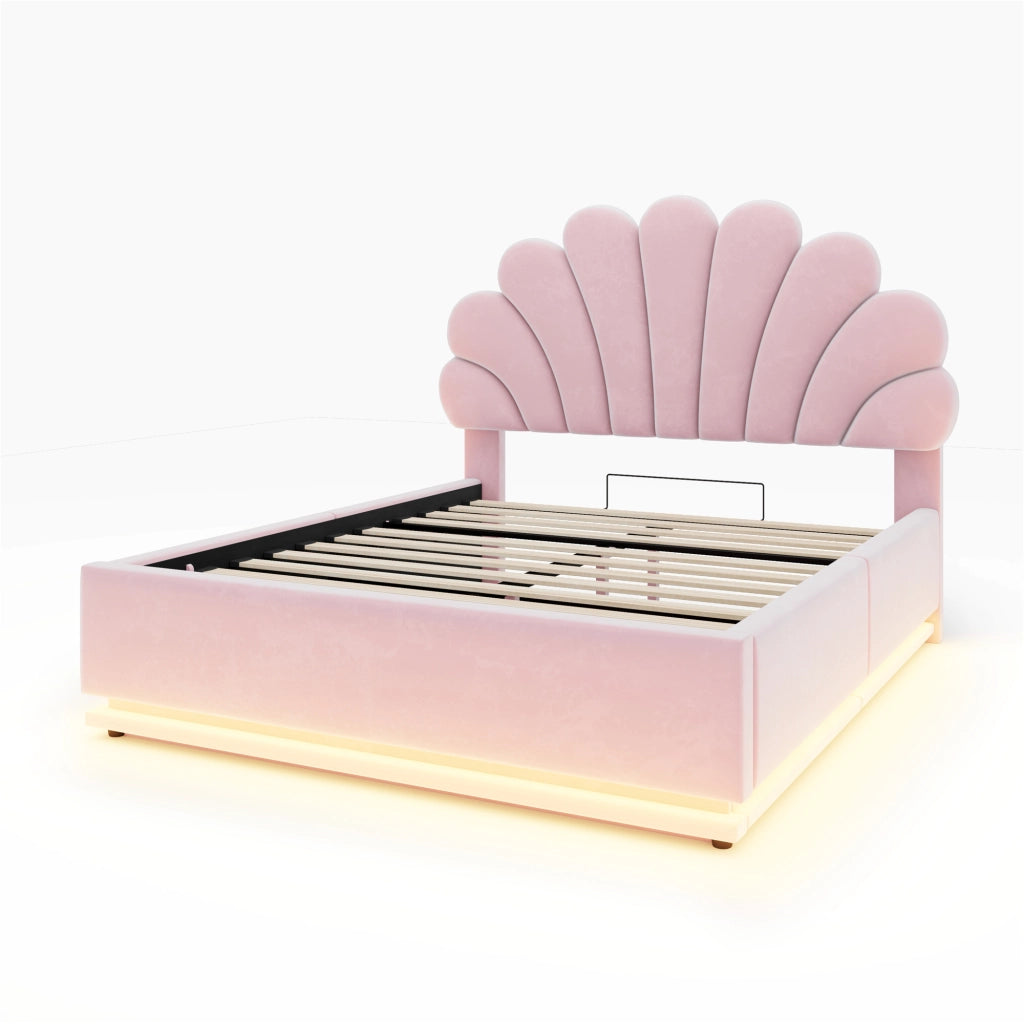 Letto Contenitore Matrimoniale 140x200 cm; LED; Struttura in Metallo; Velluto Rosa