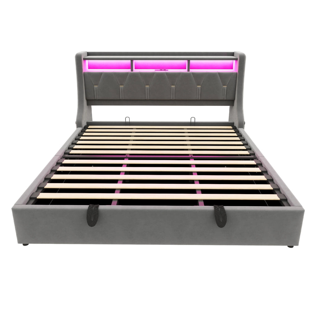 Letto imbottito 180x200 cm con contenitore idraulico; LED e prese in velluto grigio