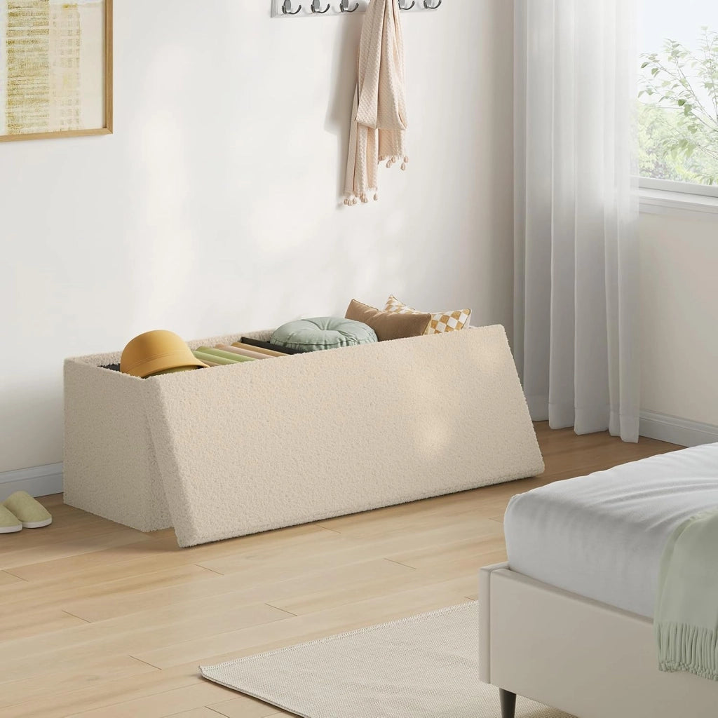 Cassapanca Contenitore da Interno, Pouf Poggiapiedi Pieghevole, con Pannello Divisorio, Rivestimento in Tessuto Teddy, per Camera da Letto, Ingresso, Soggiorno, 110x38x38,5 cm, Beige