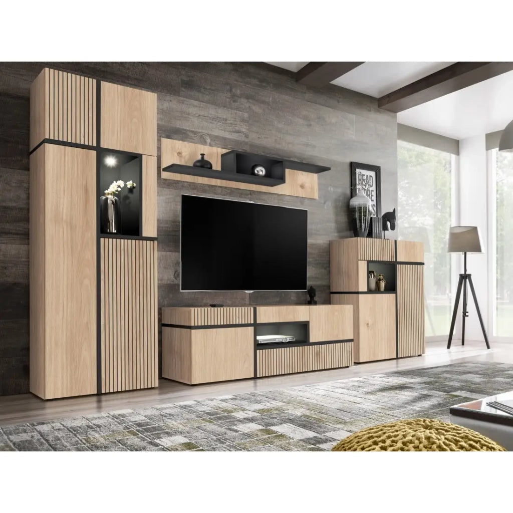 Set completo salotto CRISS – Mobile TV, Buffet alto, Vetrina, Mensola da parete – Rovere chiaro e nero con LED