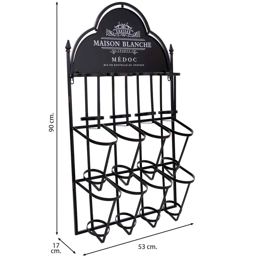 Portabottiglie da parete in metallo per 8 bottiglie 53x17x90h cm