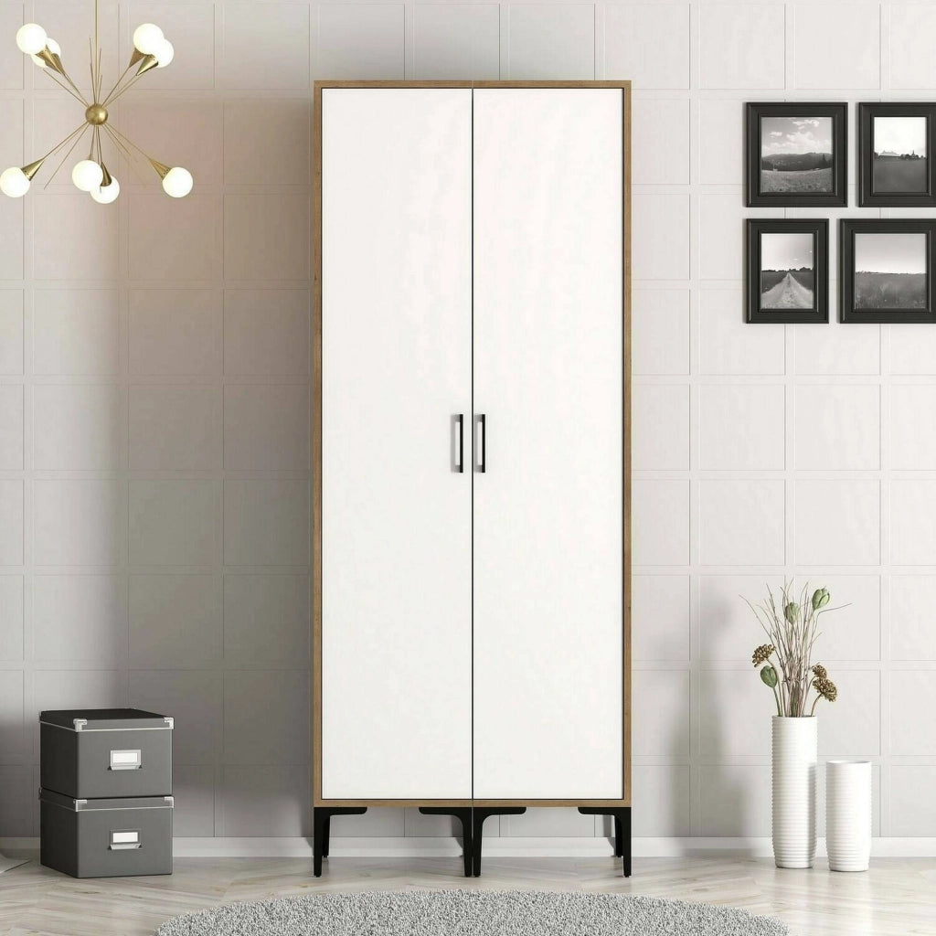 Guardaroba 2 ante Acate, Mobile camera da letto, Cabina armadio portabiti, Armadio appendiabiti, 80x201h48 cm, Bianco e Noce