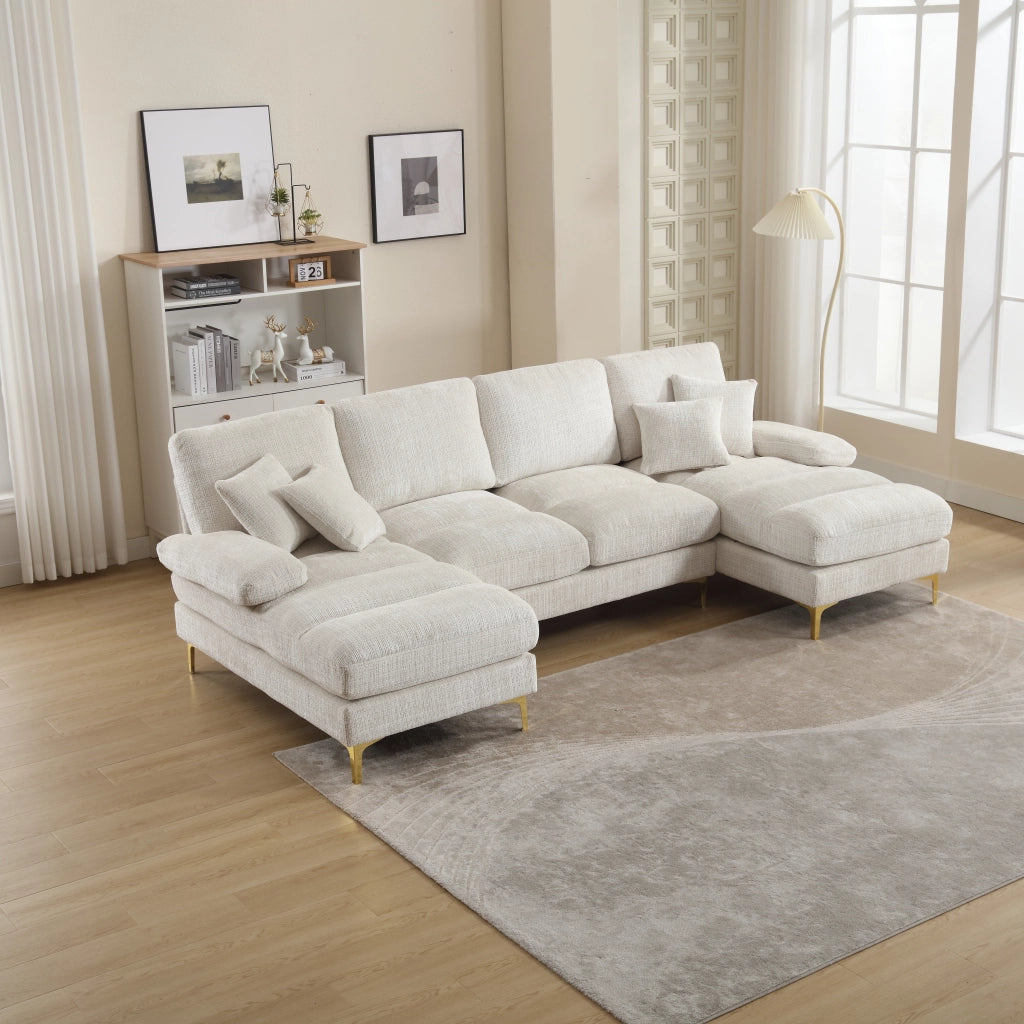 OKWISH Divano Panoramico a U, Doppia Chaise Longue con Cuscini Schienale e Piedi in Metallo, Ciniglia Beige 272 × 136 × 88 cm