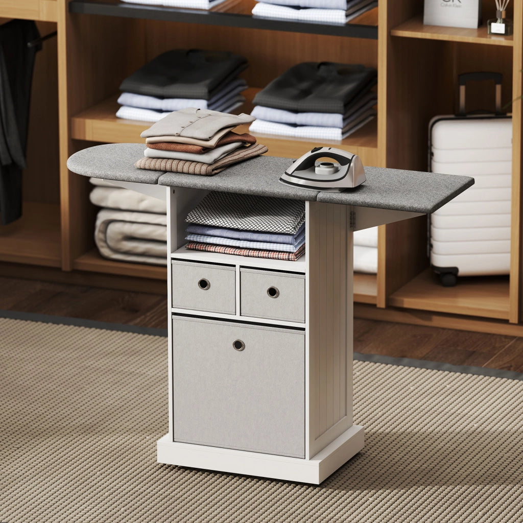 Mobile Asse da Stiro Pieghevole 121x37x89,5 cm a Rotelle con Ripiano Aperto e 3 Cassetti in MDF Bianco e Grigio