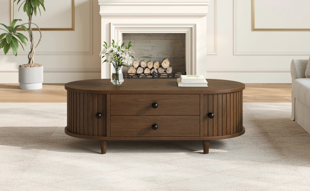 Tavolino basso con 2 cassetti e ante scorrevoli, in MDF con gambe in legno massello, noce 100 × 50 × 36 cm