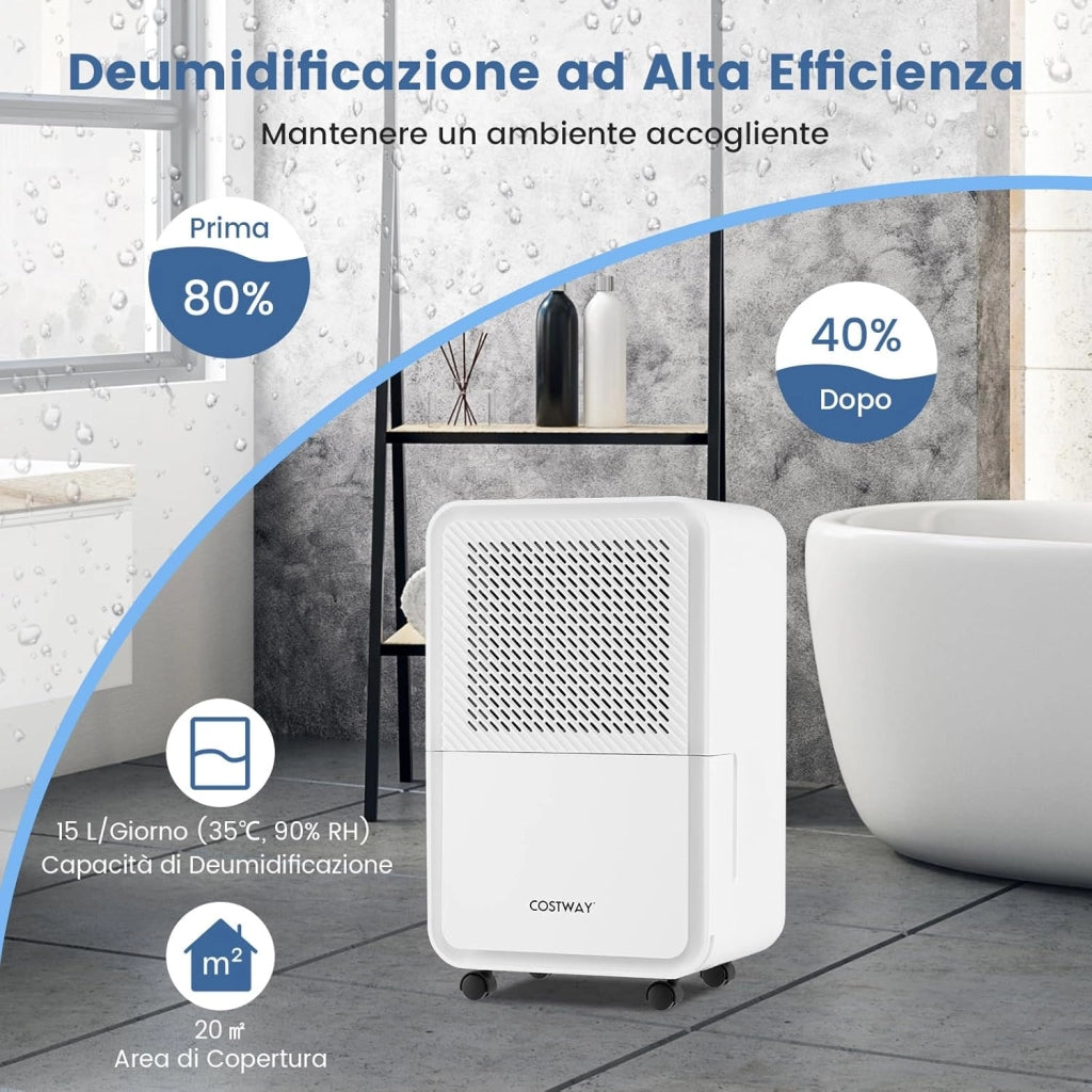 Demudificatore Casa Portatile 15L/24h, Demudificatore 20㎡ Silenzioso a 4 Modalità con Timer, Demudificatore Smart con Ruote per Casa, Bagno, Camera da Letto e Soggiorno