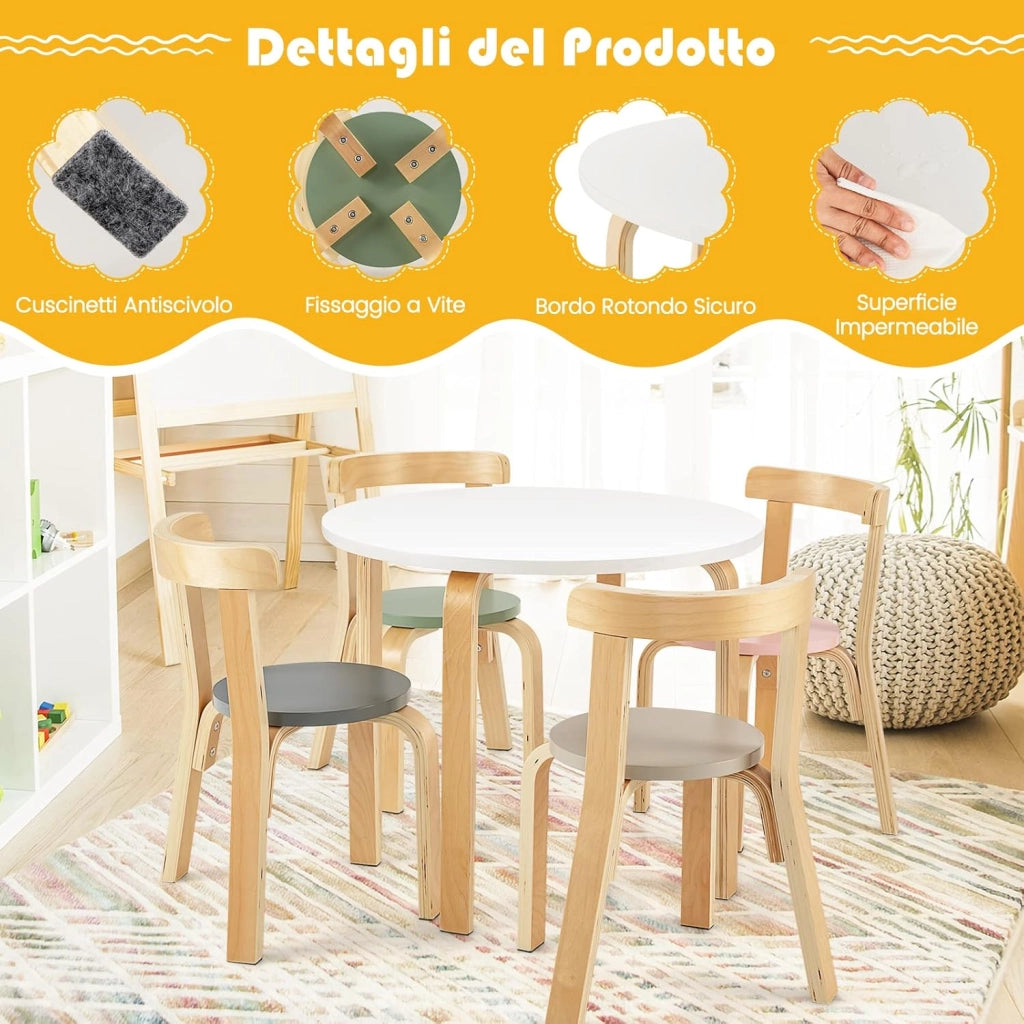 Set Tavolo e Sedie per Bambini - Schienale Curvo in Legno, 4 Sedie, Tavolo Attività per Bambini, Capacità di Peso 25kg, 4+ Anni, Colorato