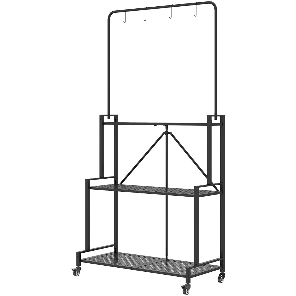 Supporto Piante a 3 Livelli Pieghevole con Ruote e 4 Ganci ¨C Zephmum ¨C Nero, Metallo, 84x40.5x174cm