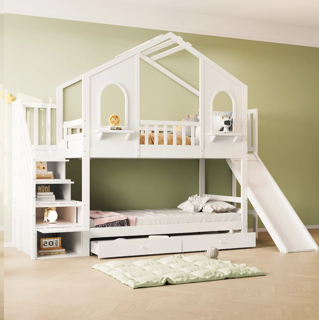 Letto a castello per bambini 90x200 cm con design a casetta, scivolo, scala con contenitore e cassetti, bianco