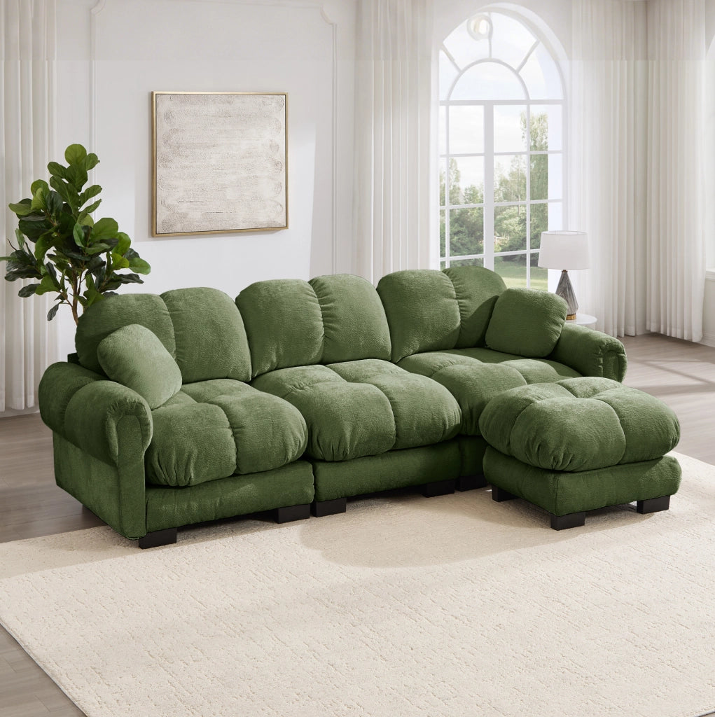 Divano angolare 3 posti 260x149 cm con pouf mobile in ciniglia; verde
